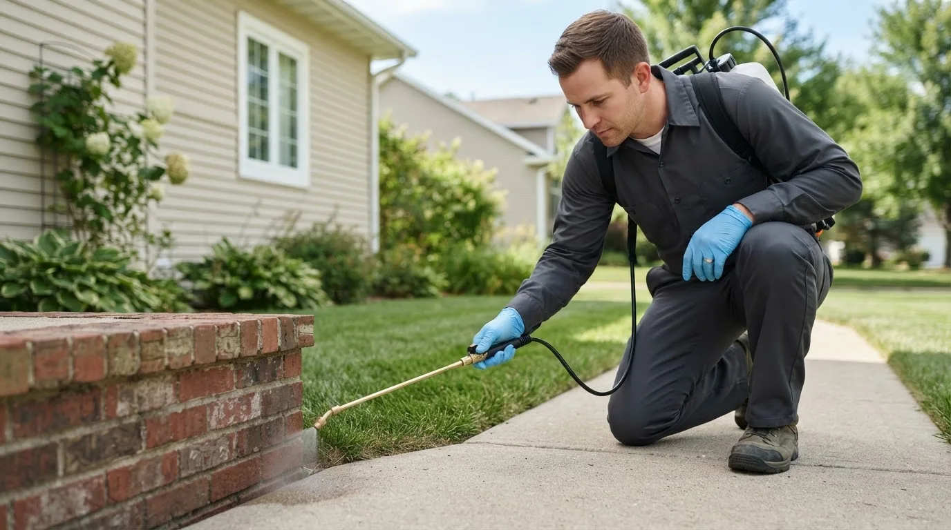 Pest control technician treating a home near San Acacia, NM